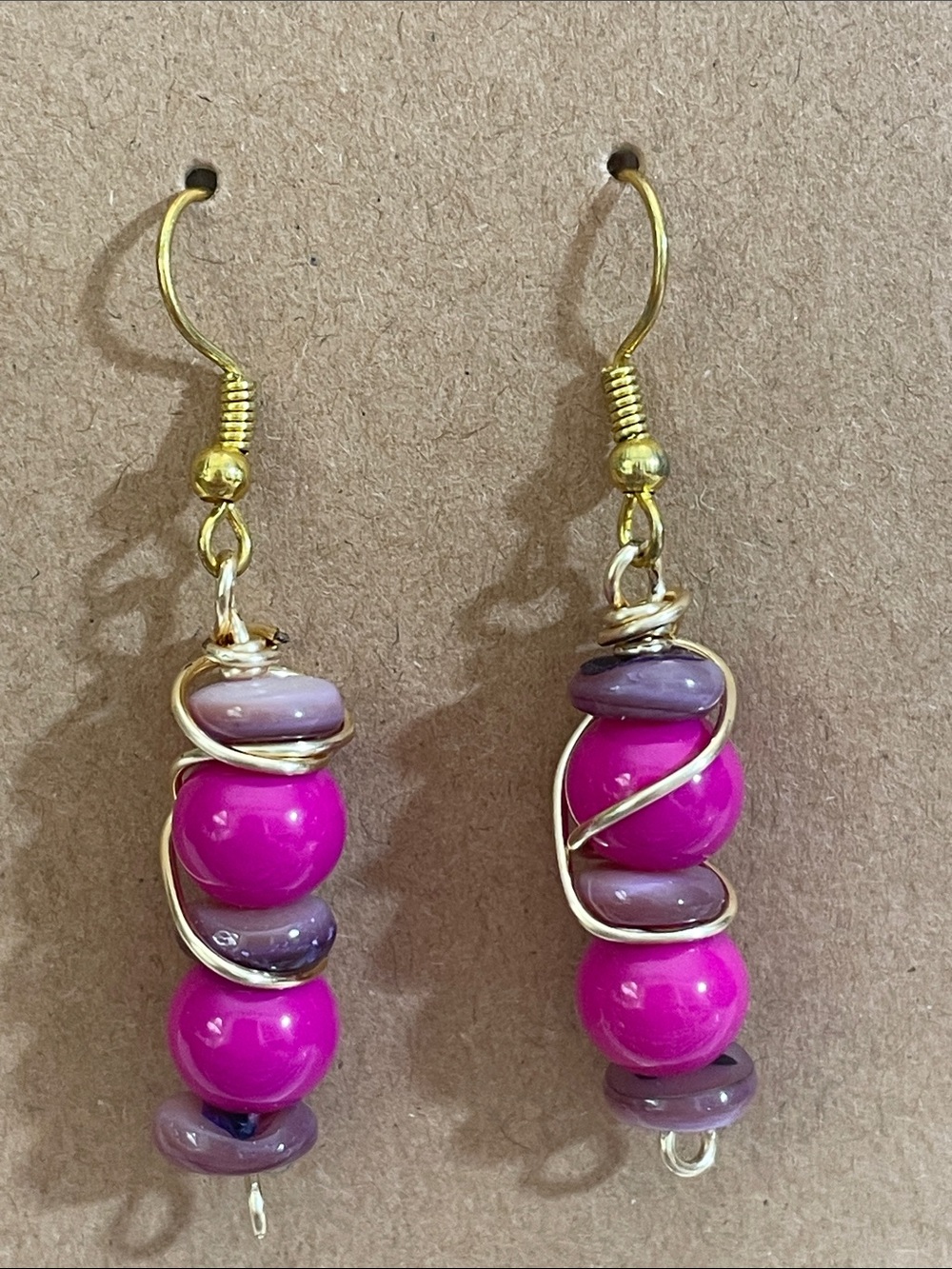 Gold-Wire Fuchsia Beaded Drop Earrings - Women Jewelry 1.5”